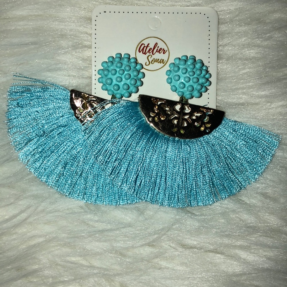 ππ Blue and Yellow Fringe Fan Earrings π - Picture 3 of 6